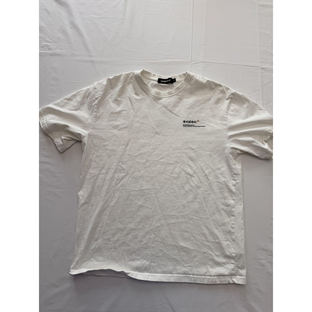VAMTAC Shirt Mens Small White Cat Graphic Rubbing Bath Tee Back Print Japanese